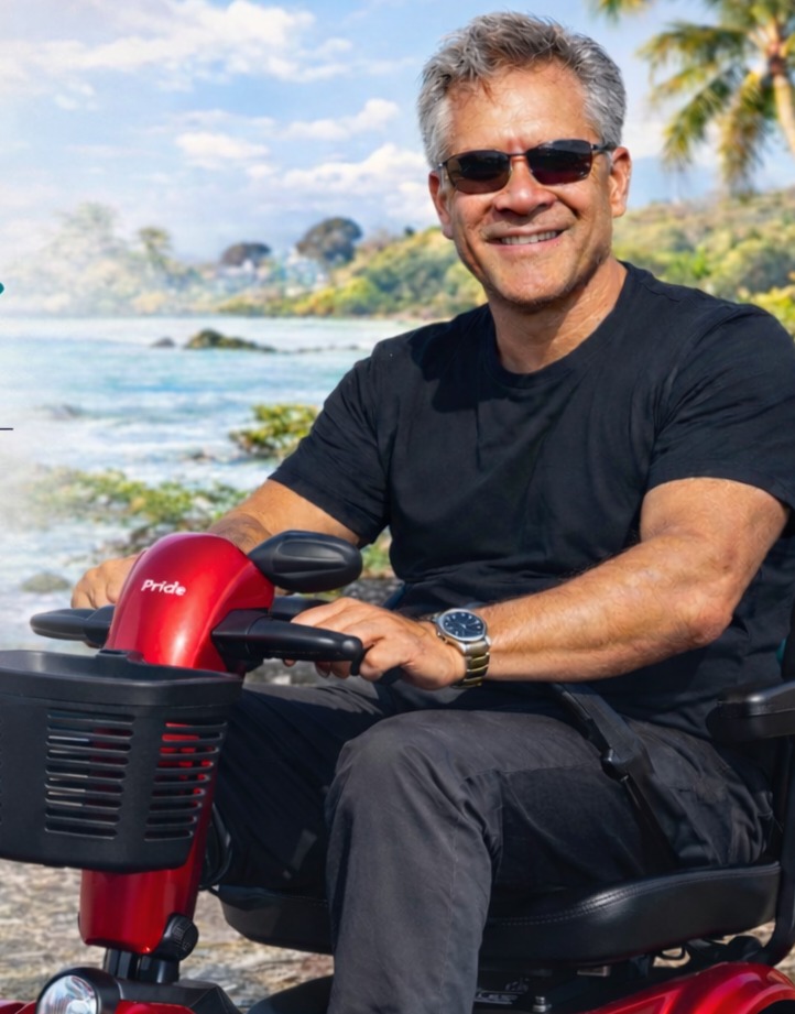 Cory Hoopiiaina on his red mobility scooter at the beach
